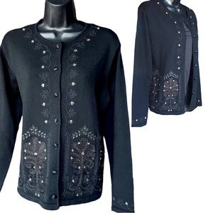 Vintage Black Beaded & Embroidered Wool Cardigan Sz M EUC